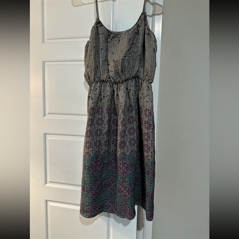 Ulla Johnson Gray Seersucker Block Print Sleeveless Cami Knee Length Dress Sz 6